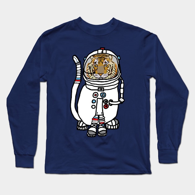 Space Tiger Funny Astronaut Animals Long Sleeve T-Shirt by ellenhenryart